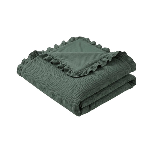 Housse de couette Entre Deux en coloris vert sapin, avec finition à volants froncés.